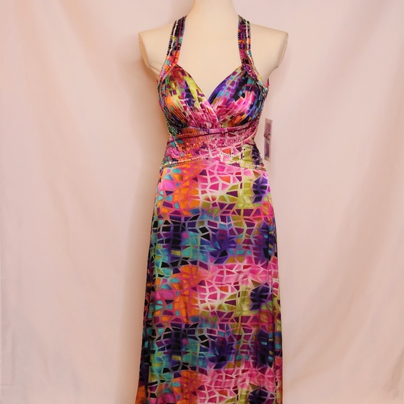 New Adrianna Papell Multi Color Halter Dress Gown - Picture 3 of 6
